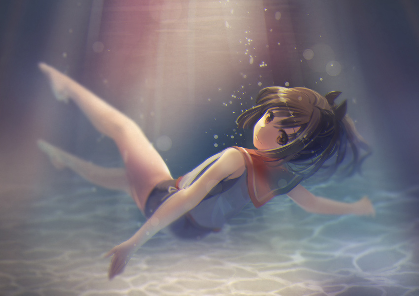 barefoot brown_eyes brown_hair bubbles i-401_(kancolle) kantai_collection naruse_chisato ponytail underwater water