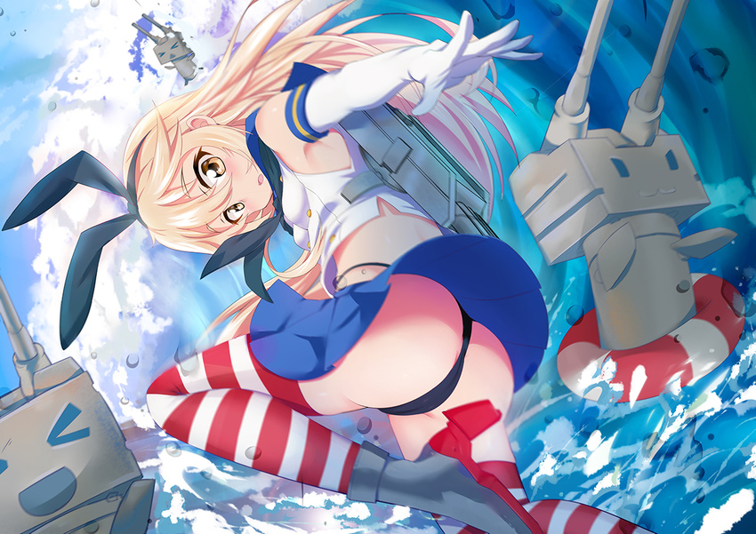 ass blonde_hair caibao headband kantai_collection long_hair panties rensouhou-chan shimakaze_(kancolle) skirt thighhighs underwear upskirt water