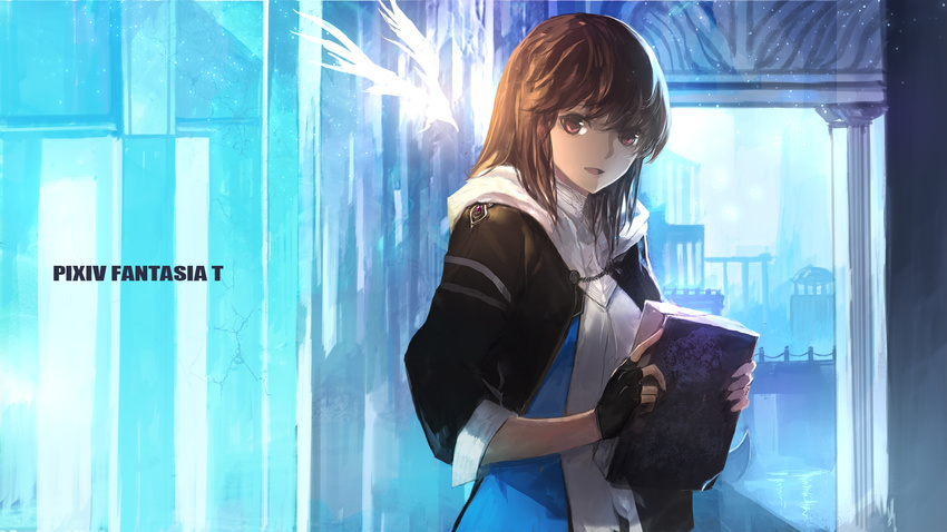 bad_id bad_pixiv_id black_gloves book brown_eyes brown_hair clasp copyright_name fingerless_gloves gloves highres holding holding_book layered_clothing long_hair looking_at_viewer open_mouth pixiv_fantasia pixiv_fantasia_t solo swd3e2