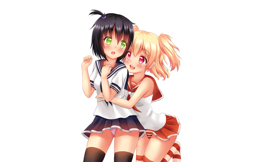 2girls black_hair blonde_hair blush fast-runner-2024 green_eyes hug nova original panties pink_eyes seifuku skirt striped_panties thighhighs twintails underwear white