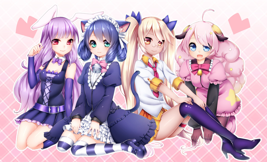 animal_ears breasts bunny_ears catgirl chuchu_(show_by_rock!!) cleavage dress garter glasses hijirikawa_cyan moa_(show_by_rock!!) pantyhose retoree_(show_by_rock!!) sheepgirl show_by_rock!! tail thighhighs yutazou