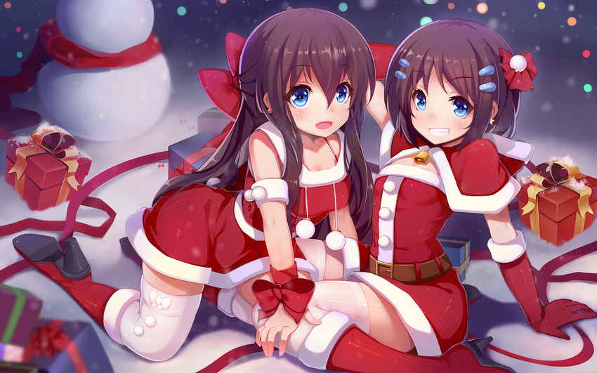 bell blue_eyes boots bow box breasts brown_hair capelet christmas cleavage dress eyebrows_visible_through_hair gift gift_box gloves grin hair_ornament hair_ribbon hairclip highres kneeling long_hair looking_at_viewer medium_breasts multiple_girls nerv110 open_mouth original red_bow red_dress red_footwear red_gloves red_ribbon ribbon santa_boots santa_costume short_hair siblings sitting smile snow snowman thighhighs twins white_legwear