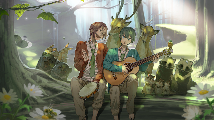acoustic_guitar alternate_costume aqua_cardigan aqua_eyes bangs barefoot bear bee bird black_hair blurry blush brown_pants bug bunny butterfly cardigan chipmunk cliff collared_shirt commentary_request daisy dappled_sunlight day deer depth_of_field dress_shirt flower forest free! grass green_neckwear guitar hair_between_eyes hana_bell_forest head_tilt highres holding holding_instrument insect instrument light_rays long_sleeves looking_at_another loose_necktie male_focus matsuoka_rin multiple_boys music nanase_haruka_(free!) nature necktie open_cardigan open_clothes open_mouth orange_cardigan outdoors pants parted_bangs playing_instrument raised_eyebrows red_eyes red_hair sharp_teeth shirt singing sitting squirrel sunbeam sunlight tambourine tanuki teeth tree tree_shade under_tree white_flower white_shirt wing_collar