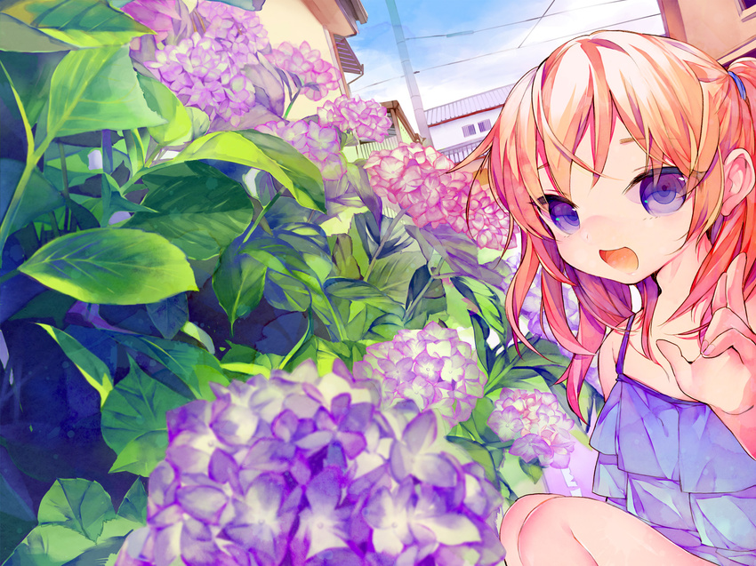 aveku building flowers leaves long_hair makino_(sinobusan) orange_hair original ponytail purple_eyes summer_dress