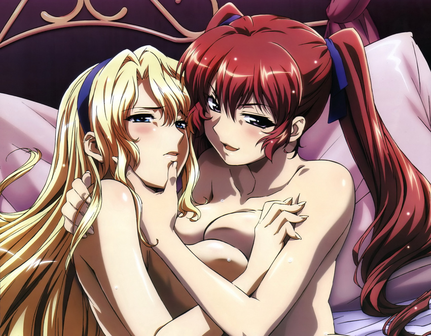 2girls bed blonde_hair blue_eyes breasts bridget_satellizer cropped freezing genessa_roland headband long_hair nude purple_eyes red_hair tagme_(artist) twintails yuri