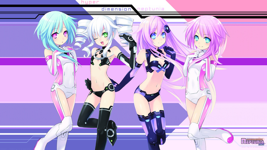 aqua_eyes aqua_hair black_sister blue_eyes bodysuit boots breasts cleavage elbow_gloves flat_chest green_eyes hyperdimension_neptunia hyperdimension_neptunia_mk2 logo long_hair nepgear pink_hair purple_eyes purple_hair purple_sister ram rom short_hair tagme tsunako twintails uni_(choujigen_game_neptune) white_hair white_sister