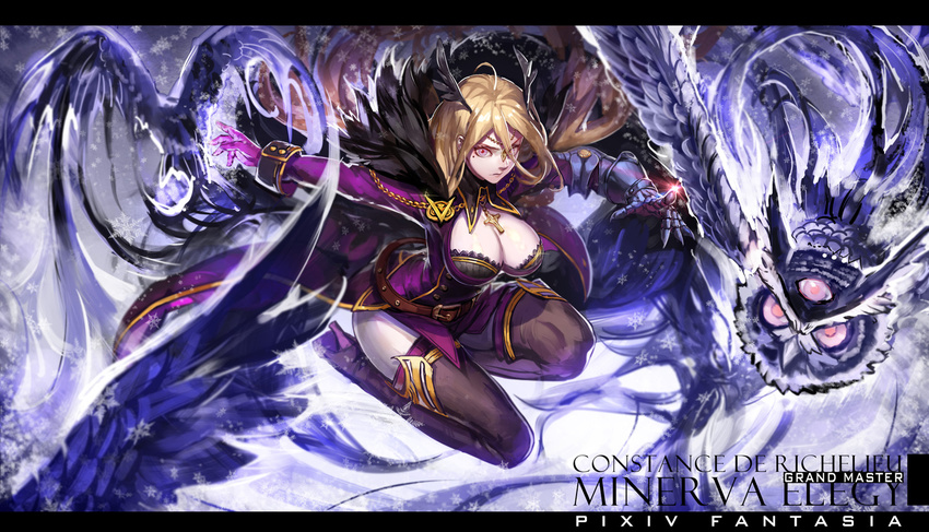 animal armor bird blonde_hair boots breasts cape cleavage cross feathers gloves headdress long_hair necklace original owl pink_eyes pixiv_fantasia ryuuzaki_itsu thighhighs wings