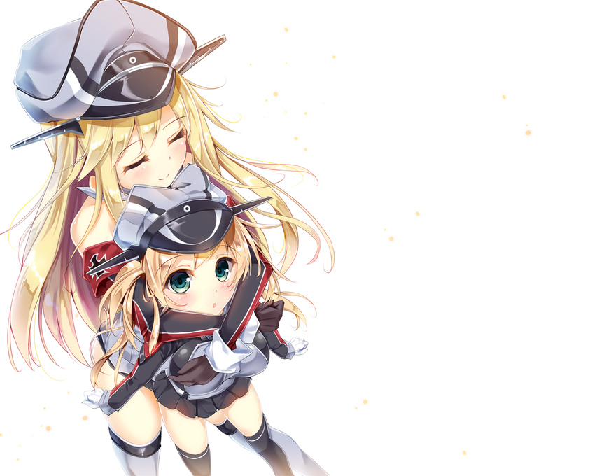 2girls anthropomorphism bismarck_(kancolle) blonde_hair blue_eyes blush elbow_gloves fukuda_shuushi hat hug kantai_collection long_hair prinz_eugen_(kancolle) skirt thighhighs twintails white