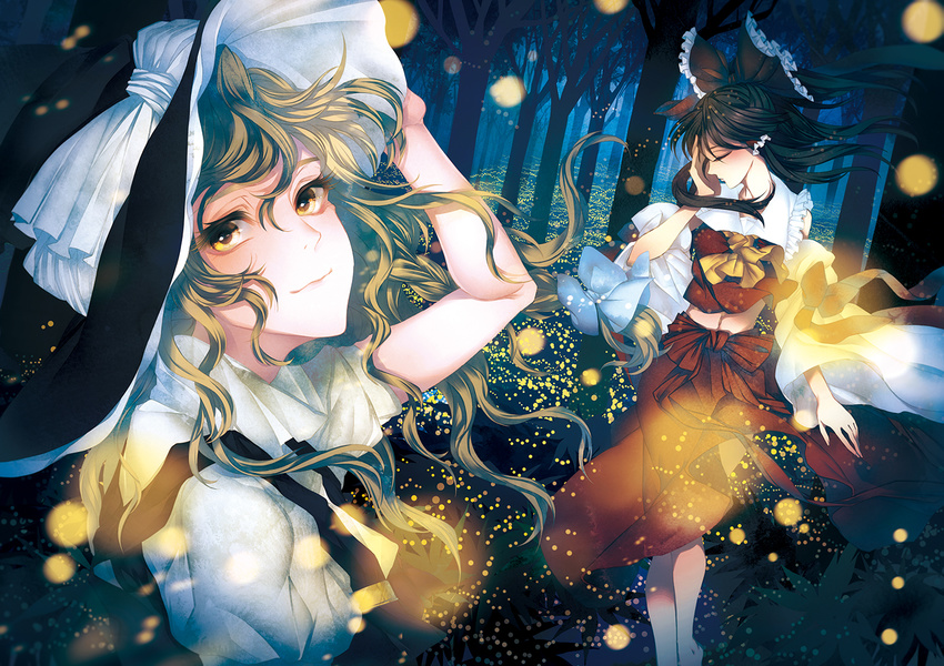 blonde_hair brown_hair hakurei_reimu hat japanese_clothes kirisame_marisa kyachi long_hair miko night touhou tree witch yellow_eyes