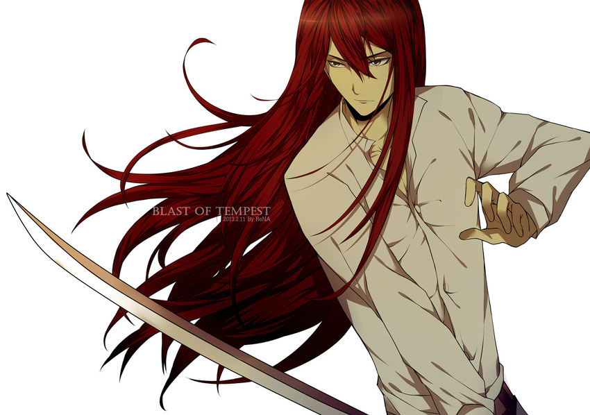 all_male jpeg_artifacts kusaribe_samon long_hair male red_hair rena_(renasight) shirt sword watermark weapon white zetsuen_no_tempest