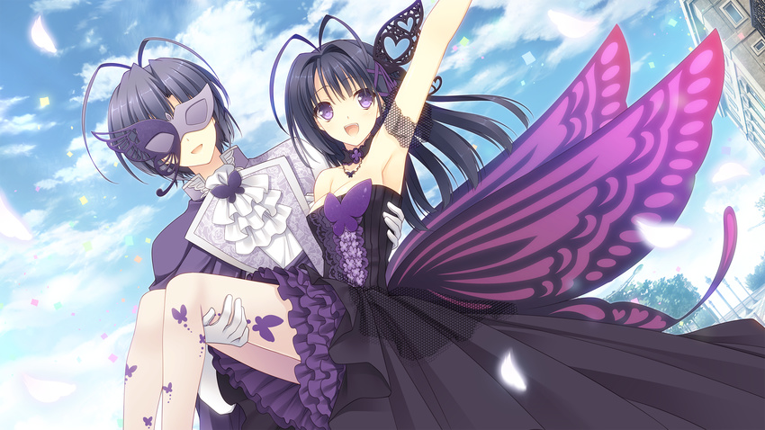 breasts butterfly cleavage clouds dress game_cg long_hair male mask ookura_risona ookura_yuusei otome_riron_to_sono_shuuhen:_ecole_de_paris pantyhose purple_eyes sky suzuhira_hiro tsuki_ni_yorisou_otome_no_sahou wings