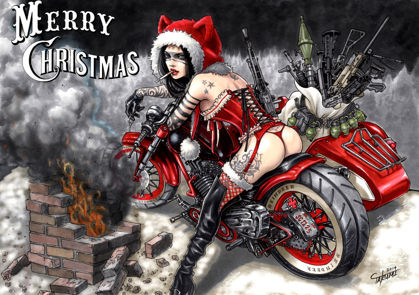 animal_ears ass black_hair blue_eyes boots christmas cigarette corset fire garter_belt genderswap gloves gun hoodie long_hair motorcycle original panties ruins santa_claus signed stockings takumitoxin tattoo thighhighs underwear weapon