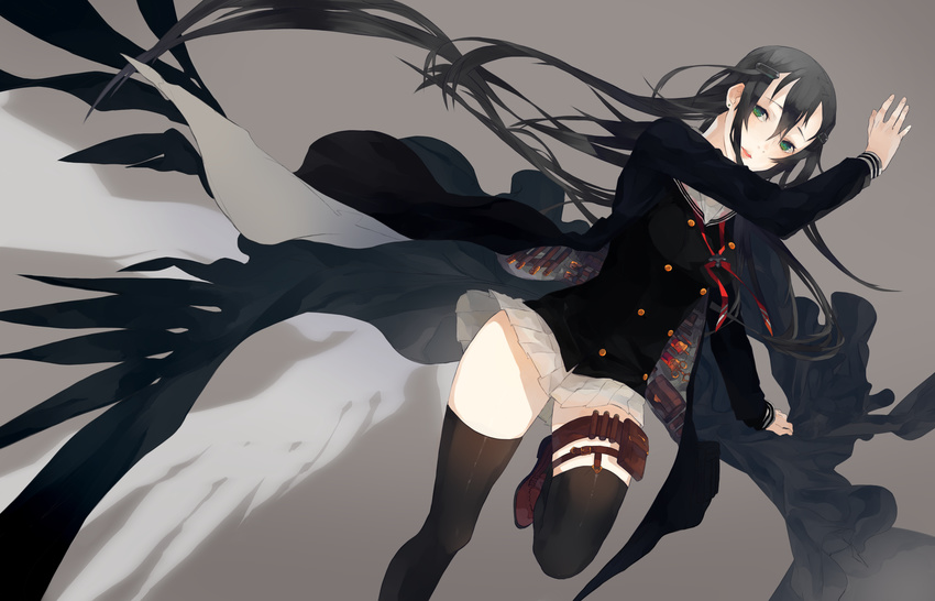 black_hair blush cape eules garter gray green_eyes long_hair seifuku skirt tagme_(character) thighhighs weapon