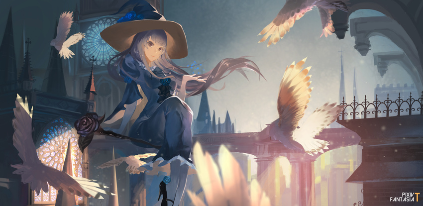 animal bird city flowers gray_eyes gray_hair hat hkj0230 long_hair pixiv_fantasia rose witch witch_hat
