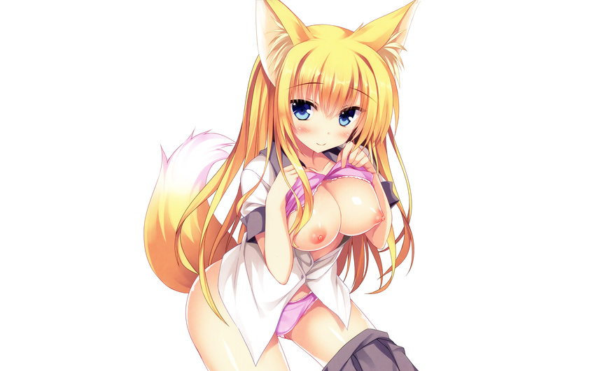 animal_ears blonde_hair blue_eyes blush bra breasts dog_days foxgirl long_hair nipples open_shirt panties photoshop tail tateha underwear white yukikaze_panettone