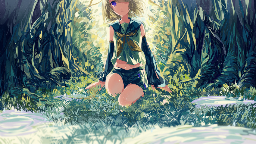 blonde_hair blue_eyes el grass kagamine_rin navel short_hair shorts tears tree vocaloid water