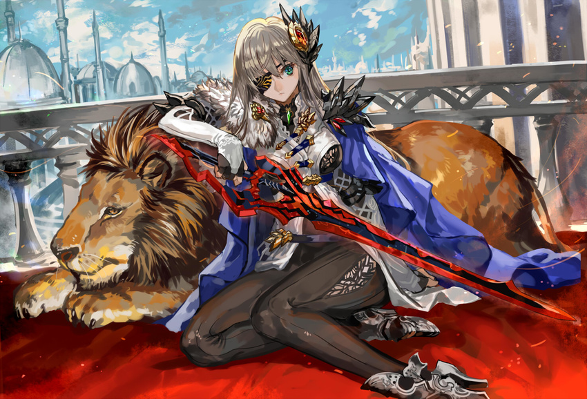 animal blonde_hair blue_eyes boots cape elbow_gloves eyepatch lion long_hair original ran'ou_(tamago_no_kimi) sword weapon