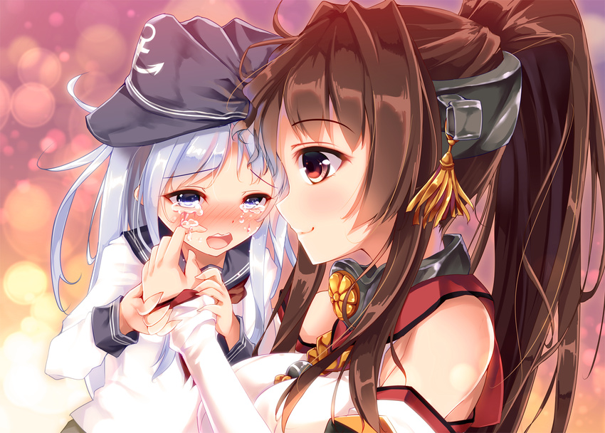 2girls anthropomorphism blue_eyes blush brown_eyes brown_hair crying fukuda_shuushi hat hibiki_(kancolle) kantai_collection long_hair ponytail tears white_hair yamato_(kancolle)