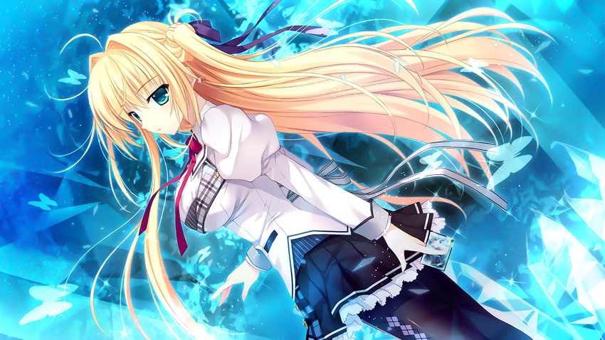 alia's_carnival aqua_eyes blonde_hair blue butterfly game_cg long_hair nanao_naru nanawind pantyhose ribbons sakurakouji_tsukuyomi seifuku