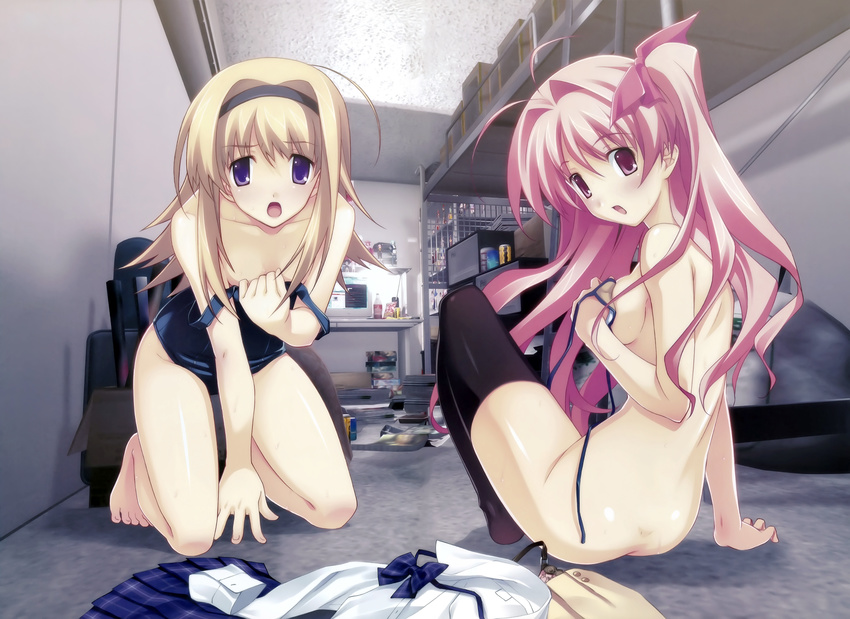 2girls ass barefoot blonde_hair breast_hold breasts chaos;head cleavage computer headband nishijou_nanami nude pink_hair sakihata_rimi scan school_swimsuit seifuku swimsuit tagme_(artist) thighhighs