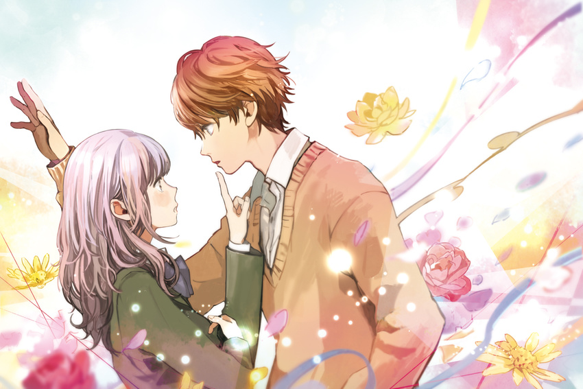 24_(24phage) brown_hair flowers gray_hair long_hair male original petals seifuku short_hair