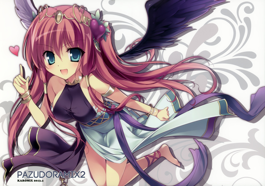 barefoot dress green_eyes heart karory long_hair no_bra puzzle_&amp;_dragons ribbons tiara venus_(p&amp;d) wings wristwear