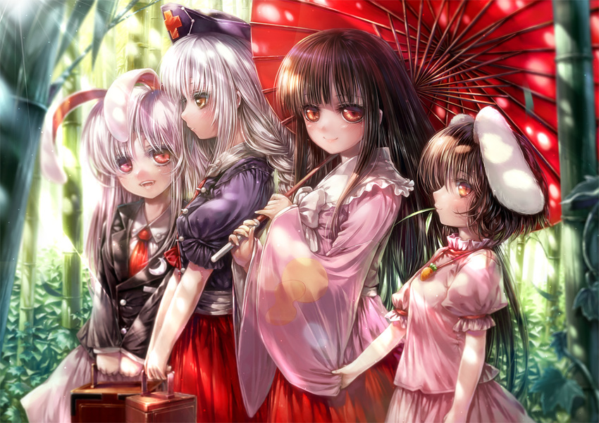 brown_eyes brown_hair bunny_ears bunnygirl group houraisan_kaguya inaba_tewi long_hair misaki_(kyal_001) red_eyes reisen_udongein_inaba short_hair touhou tree umbrella white_hair yagokoro_eirin yellow_eyes