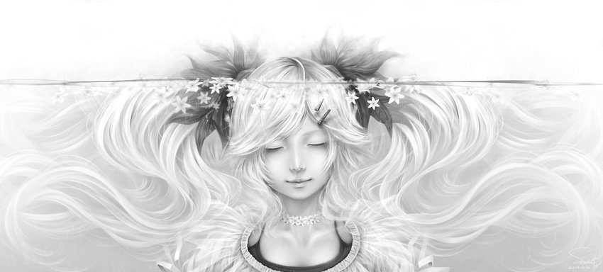 bouno_satoshi flowers long_hair monochrome necklace original signed twintails underwater water white