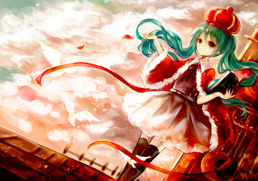 aqua_hair book cape crown dress hanchan hatsune_miku red red_eyes thighhighs twintails vocaloid