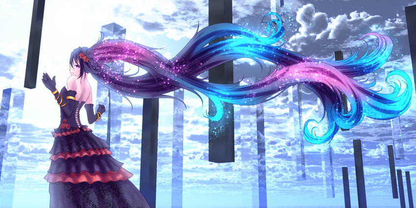 clouds dress elbow_gloves goth-loli hatsune_miku long_hair photoshop sky twintails vocaloid wristwear yusuke