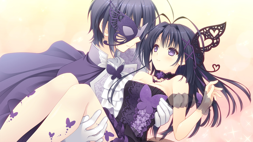 butterfly choker dress game_cg long_hair male mask necklace ookura_risona ookura_yuusei otome_riron_to_sono_shuuhen:_ecole_de_paris pantyhose purple purple_eyes suzuhira_hiro tsuki_ni_yorisou_otome_no_sahou white