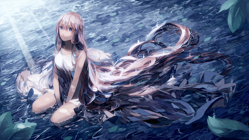 blue_eyes el leaves long_hair megurine_luka pink_hair summer_dress vocaloid water wet