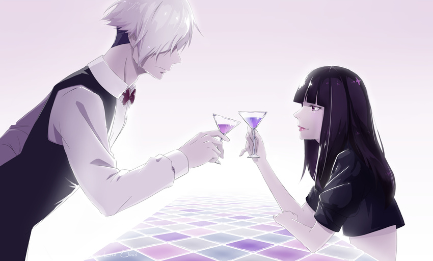 black_hair chiyuki death_parade decim drink lisa_cloud long_hair male onna_(death_parade) purple_eyes suit