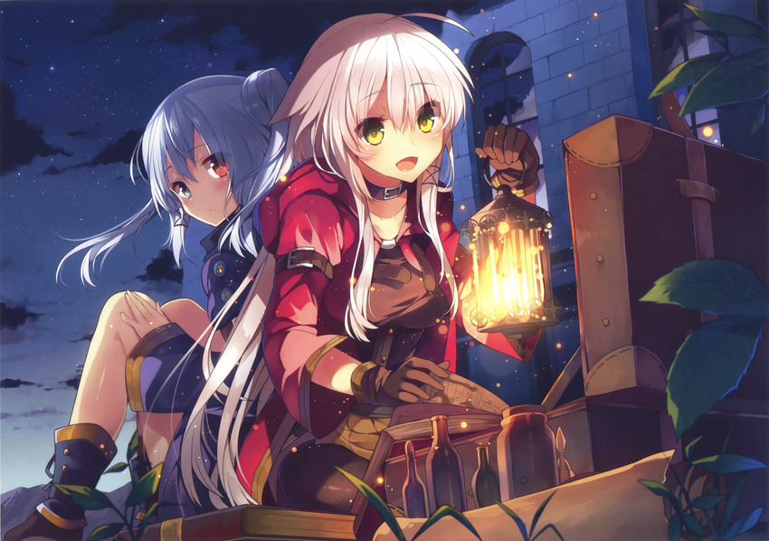 absurdres anceril_sacred blue_eyes blue_hair brown_gloves ciel_sacred gloves heterochromia highres holding_lantern lantern long_hair mishima_kurone multiple_girls night open_mouth outdoors pixiv_fantasia pixiv_fantasia_5 red_eyes shirokami_project silver_hair yellow_eyes