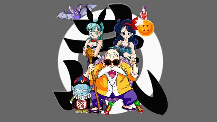 blue_eyes blue_hair bulma bunny_ears dragonball long_hair lunch_(dragonball) male muten_roshi purple_hair