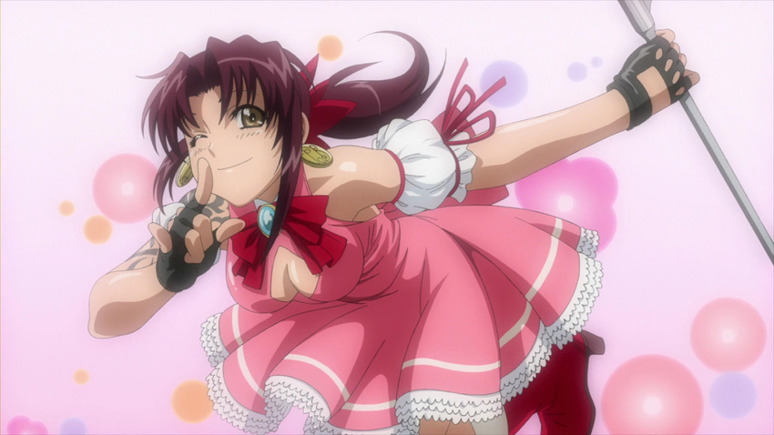 \m/ black_lagoon boots breasts dress earrings fingerless_gloves gloves highres jewelry long_hair magical_girl medium_breasts omake one_eye_closed parody ponytail revy_(black_lagoon) screencap solo tattoo