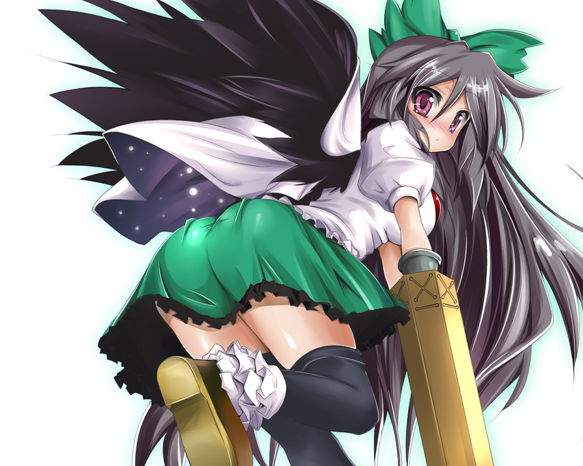 bad_id bad_pixiv_id black_hair blush bow green_bow hair_bow long_hair red_eyes reiuji_utsuho sen_(astronomy) solo thighhighs touhou wings