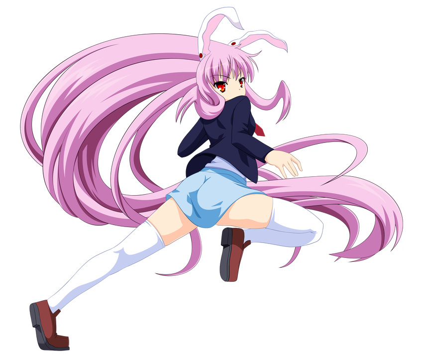 absurdres animal_ears ass blazer bunny_ears full_body highres jacket lavender_hair loafers long_hair miniskirt no-33 red_eyes reisen_udongein_inaba shoes skirt solo thighhighs thighs touhou transparent_background very_long_hair white_legwear zettai_ryouiki