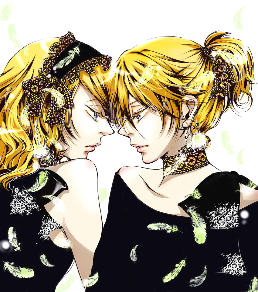 1girl androgynous blonde_hair blue_eyes brother_and_sister eye_contact face-to-face hairband highres kagamine_len kagamine_rin looking_at_another magnet_(vocaloid) ponytail short_hair siblings simple_background twins uico vocaloid