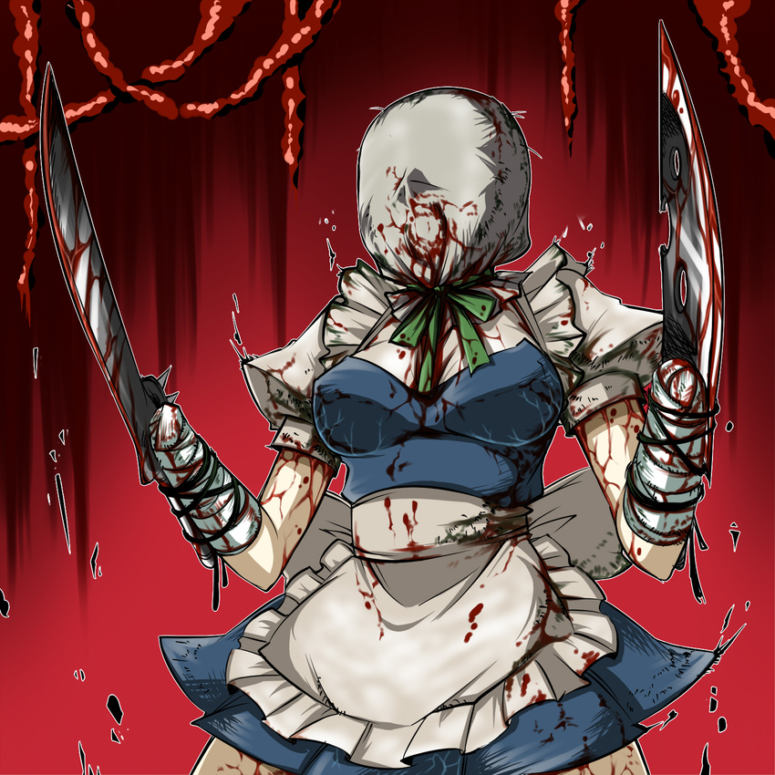 amputee bag_over_head biggy_man blade blood bloody_clothes cosplay double_amputee highres izayoi_sakuya knife maid no_hands solo splatterhouse tajima_yuuki touhou