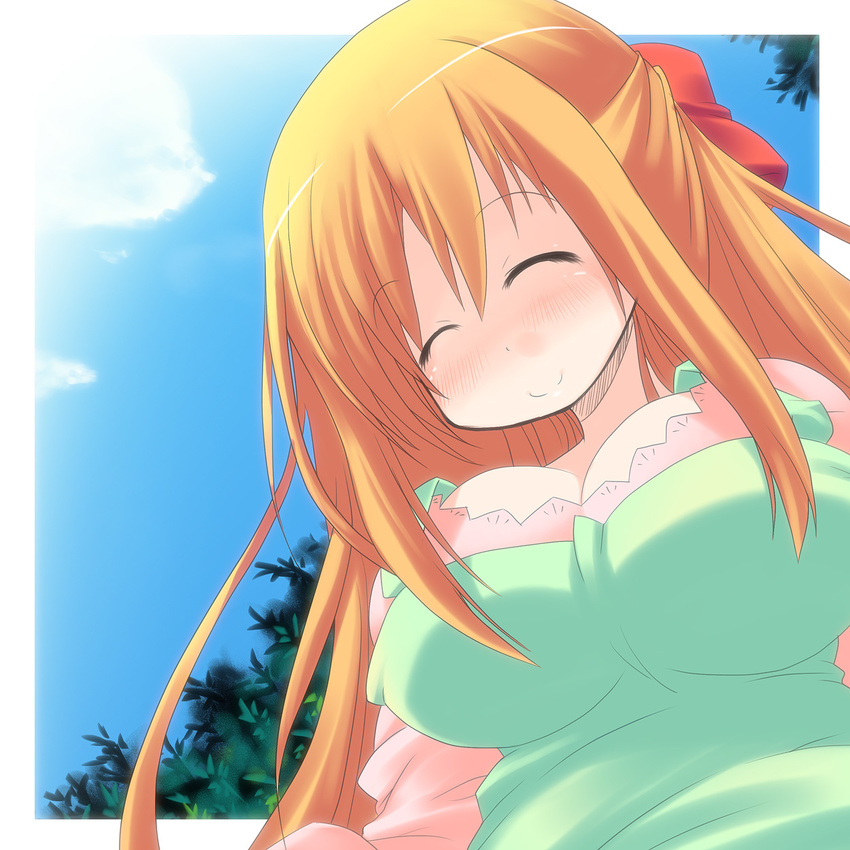 blonde_hair blush breasts cleavage closed_eyes cloud day half_updo hanamaru_youchien highres large_breasts long_hair mature ootsuki_ren outdoors sky smile solo very_long_hair yamamoto_nanako