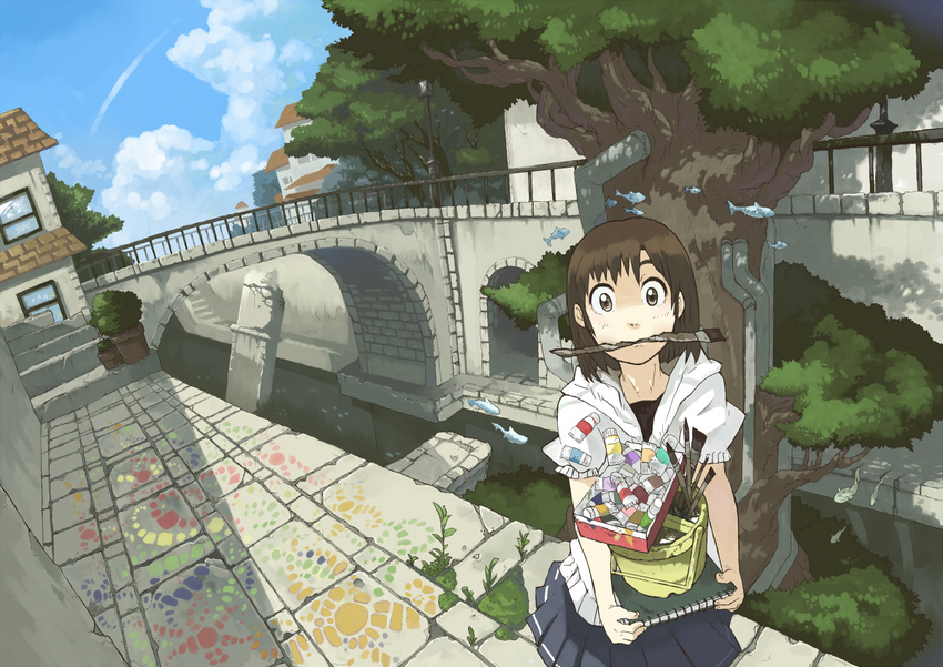 art_brush bridge brown_eyes brown_hair bucket canal cloud day fish flying_fish imoman mouth_hold notebook oekaki_musume original paint paintbrush river short_hair skirt sky solo surreal tree trim_brush