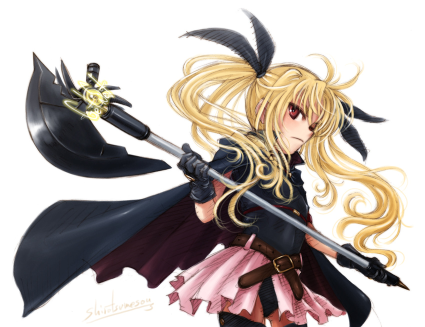 bardiche belt blonde_hair cape fate_testarossa gloves hair_ribbon long_hair lyrical_nanoha mahou_shoujo_lyrical_nanoha red_eyes ribbon ryou_(shirotsumesou) signature skirt solo thighhighs twintails