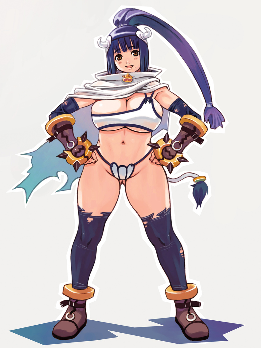 ass_visible_through_thighs bell breasts cape elbow_gloves full_body gloves hands_on_hips high_ponytail highres horns large_breasts legs_apart looking_at_viewer mugen_no_fantasia navel open_mouth ponytail ryoji_(nomura_ryouji) solo standing tail thighhighs torn_clothes underboob