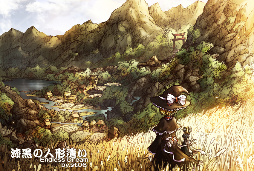 alice_margatroid alternate_costume blonde_hair bow doll field forest from_behind hat highres mountain nature rice_paddy scenery shanghai_doll short_hair solo st06 standing torii touhou village witch_hat