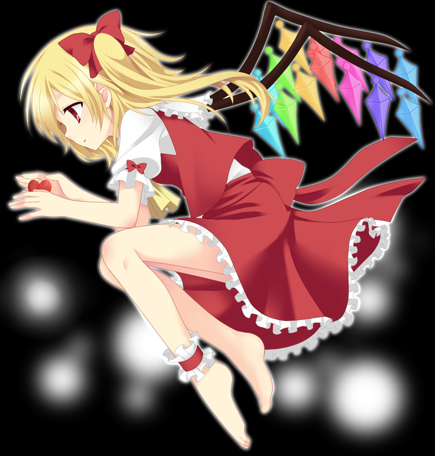 ankle_garter bad_id bad_pixiv_id barefoot blonde_hair etou_(cherry7) feet flandre_scarlet highres ponytail profile red_eyes short_hair side_ponytail solo touhou wings