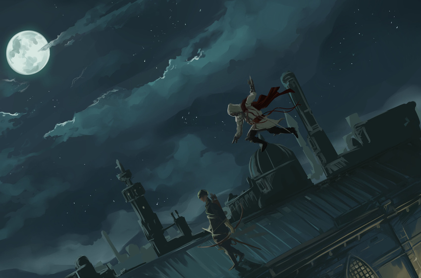 assassin's_creed_(series) assassin's_creed_ii bad_id bad_pixiv_id blade bow_(weapon) cape chanchan city cloud ezio_auditore_da_firenze hat highres hood male_focus moon night night_sky saber_(weapon) scenery sky solo sword weapon