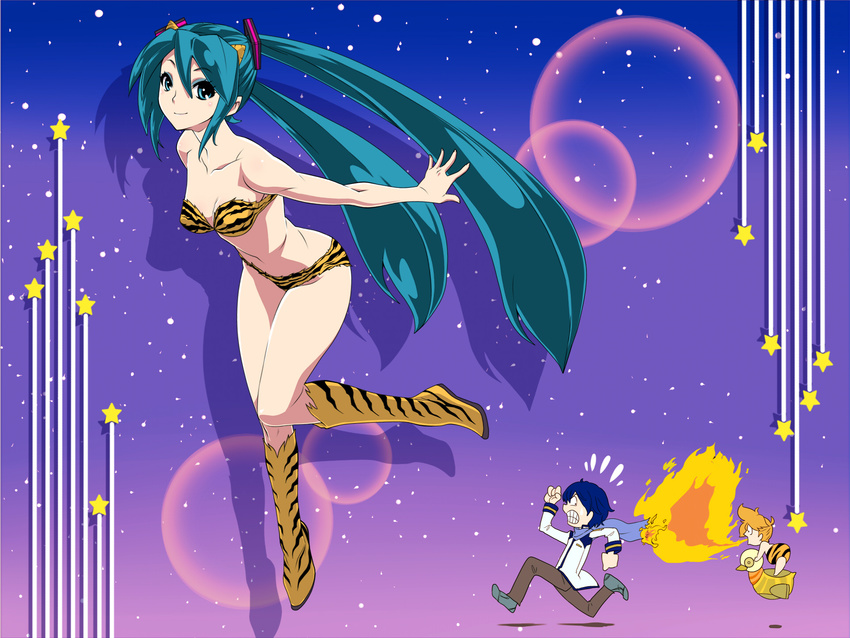 2boys animal_costume animal_print aqua_eyes aqua_hair bikini boots cosplay costume eyeshadow fire hatsune_miku highres hirabaru_kenji horns kagamine_len kaito long_hair lum lum_(cosplay) makeup multiple_boys parody smile star swimsuit ten_(urusei_yatsura) ten_(urusei_yatsura)_(cosplay) tiger_costume tiger_print twintails urusei_yatsura very_long_hair vocaloid