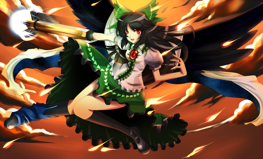 black_hair bow eyes green_bow hair_bow long_hair red_eyes reiuji_utsuho solo touhou wings