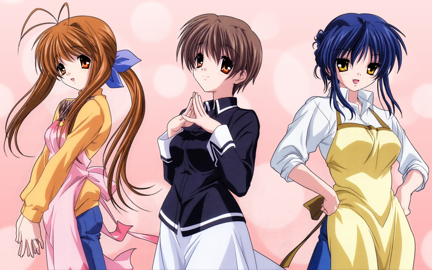 apron blue_hair brown_eyes brown_hair clannad furukawa_sanae ibuki_kouko long_hair orange_hair pink ponytail sagara_misae short_hair yellow_eyes